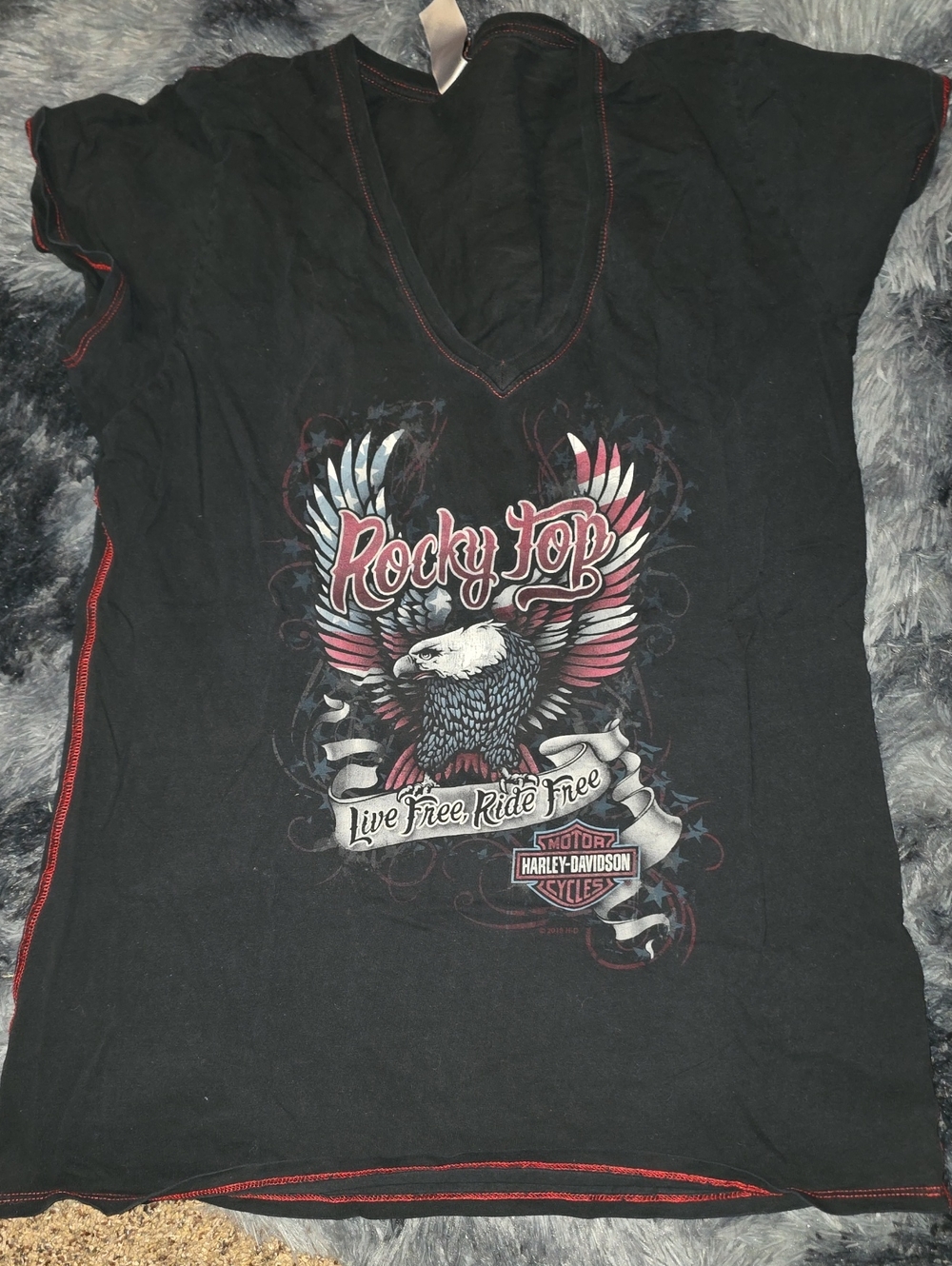 Harley-Davidson Black Tee with Pink & White Eagle Graphic